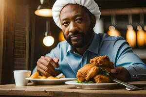 un' uomo nel un' capocuoco cappello è mangiare fritte pollo. ai-generato foto