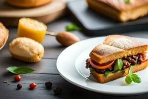 un' Sandwich con carne e verdure su un' bianca piatto. ai-generato foto