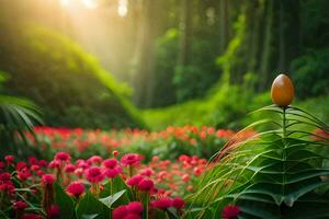 un' fiore nel il mezzo di un' lussureggiante verde foresta. ai-generato foto