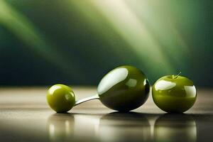 Due verde mele e un' verde oliva su un' tavolo. ai-generato foto