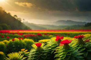 fiori nel il campo, sole, montagne, fiori, campo, HD sfondo. ai-generato foto