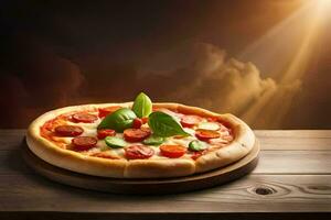 un' Pizza su un' di legno tavolo con un' sole splendente attraverso il nuvole. ai-generato foto