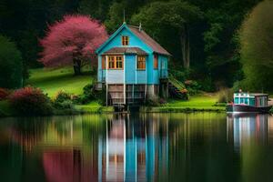un' blu Casa si siede su il bordo di un' lago. ai-generato foto