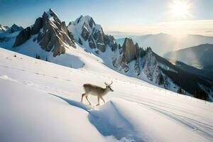 un' cervo è a piedi su un' nevoso montagna. ai-generato foto