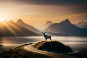 un' cervo sta su un' collina prospiciente un' lago e montagne. ai-generato foto