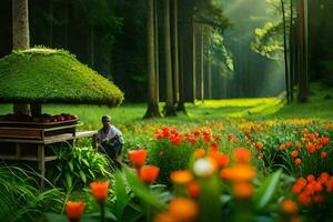 un' uomo è seduta nel un' giardino con fiori e alberi. ai-generato foto