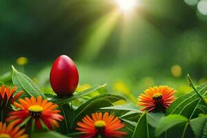 un' rosso uovo seduta su superiore di fiori nel il sole. ai-generato foto
