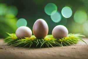 tre uova nel un' nido con erba. ai-generato foto