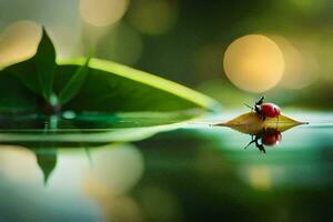 un' coccinella si siede su un' foglia nel il acqua. ai-generato foto