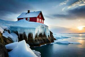 un' rosso Casa si siede su superiore di un iceberg. ai-generato foto