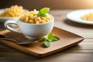 maccheroni e formaggio nel un' tazza. ai-generato foto