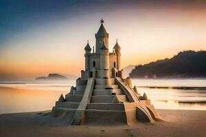 un' sabbia castello su il spiaggia a tramonto. ai-generato foto