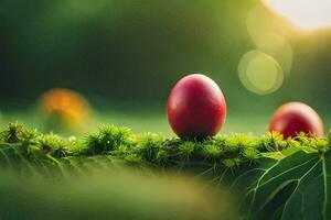 Due rosso uova sedersi su un' verde foglia. ai-generato foto