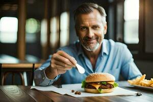 un' uomo è mangiare un' hamburger e patatine fritte. ai-generato foto