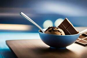 un' ciotola di ghiaccio crema con cioccolato e un' cucchiaio. ai-generato foto