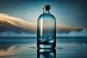 un' bottiglia di acqua seduta su il acqua con un' montagna nel il sfondo. ai-generato foto