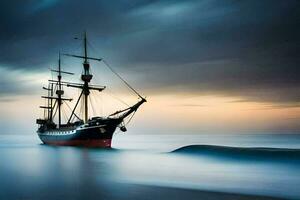 un' andare in barca nave nel il oceano a tramonto. ai-generato foto