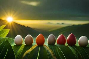 cinque uova siamo foderato su su un' foglia con il sole ambientazione dietro a loro. ai-generato foto