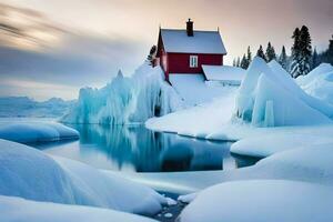 un' rosso Casa si siede su superiore di un iceberg. ai-generato foto