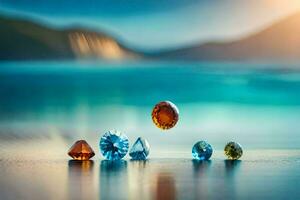 un' gruppo di colorato gemme su il spiaggia. ai-generato foto