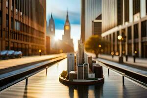 un' miniatura città è su un' treno traccia nel davanti di alto edifici. ai-generato foto