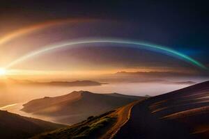 un' arcobaleno al di sopra di il montagne a tramonto. ai-generato foto