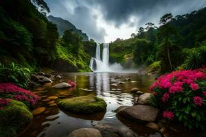 bellissimo cascata nel il giungla con rosa fiori. ai-generato foto