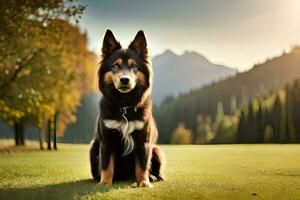 un' cane seduta nel il erba con montagne nel il sfondo. ai-generato foto