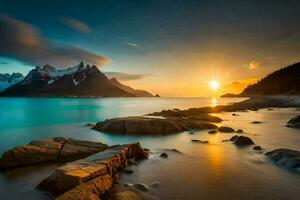 il sole sorge al di sopra di il oceano e montagne nel Questo bellissimo paesaggio. ai-generato foto