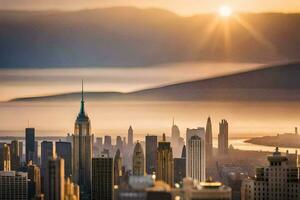 il sole sorge al di sopra di il città orizzonte. ai-generato foto