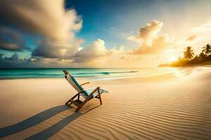 un' spiaggia sedia su il spiaggia a tramonto. ai-generato foto