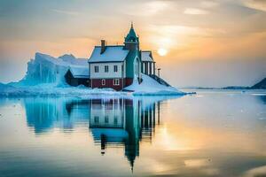 un' Chiesa si siede su superiore di un iceberg nel il mezzo di il oceano. ai-generato foto