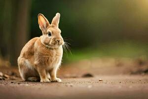 un' piccolo coniglio seduta su il terra nel il boschi. ai-generato foto