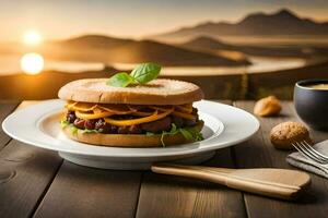 un' Sandwich con carne e verdure su un' di legno tavolo. ai-generato foto