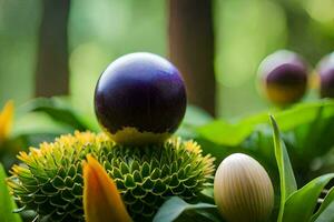 un' viola uovo seduta su superiore di un' fiore. ai-generato foto