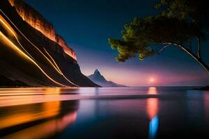 un' albero è in piedi nel il mezzo di un' lago a notte. ai-generato foto