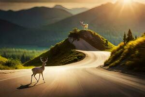 Due cervo in piedi su il lato di un' strada. ai-generato foto