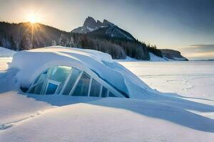 un' neve coperto cabina si siede su il riva di un' lago. ai-generato foto