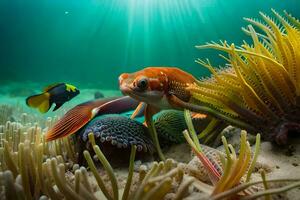 un' pesce e un anemone nel il oceano. ai-generato foto