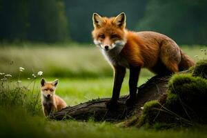 un' madre Volpe e sua cucciolo in piedi su un' tronco d'albero. ai-generato foto