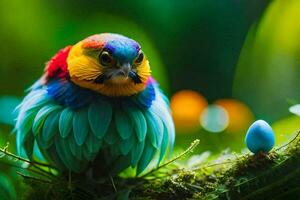 un' colorato uccello si siede su un' ramo nel il foresta. ai-generato foto