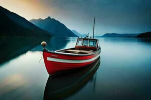 un' rosso barca si siede su il acqua nel davanti di montagne. ai-generato foto