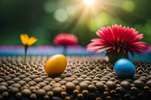 Due colorato uova sedersi su superiore di un' tavolo con fiori. ai-generato foto