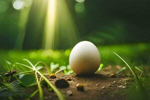 un uovo è seduta su il terra nel il erba. ai-generato foto