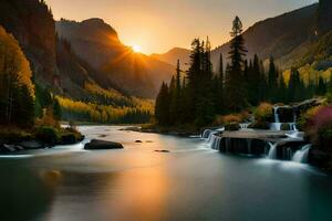 il sole sorge al di sopra di il montagne e cascate al di sopra di il fiume. ai-generato foto