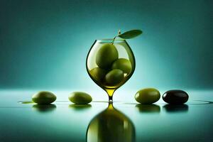 olive nel un' bicchiere con oliva olio. ai-generato foto