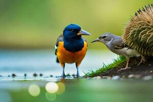 un' uccello e un' piccolo uccello in piedi Il prossimo per ogni Altro. ai-generato foto