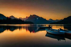 Barche su il acqua a tramonto con montagne nel il sfondo. ai-generato foto