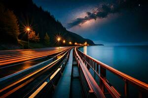 un' lungo esposizione foto di un' ponte al di sopra di il oceano a notte. ai-generato