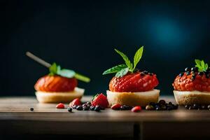 tre mini dolci con fragole e basilico. ai-generato foto